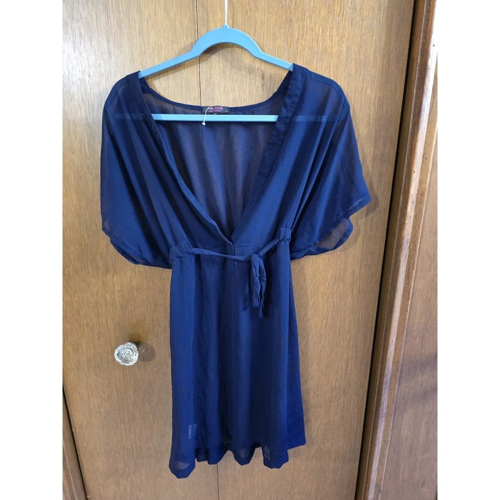 Avid Love Women's Sheer Cover Up Blue Size Large Short Sleeve Tie Waist